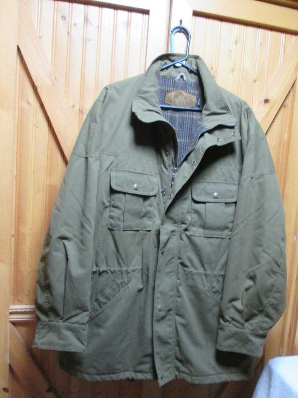 Mens Woolrich Lg Olive chore coat parka wool blend plaid lined USA larg